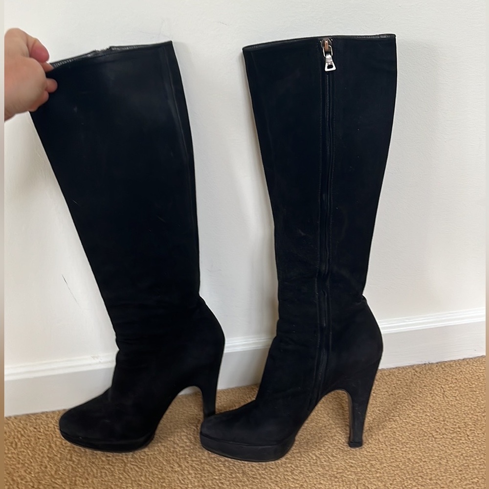 PRADA Knee High Black Suede Boots Size 6.5